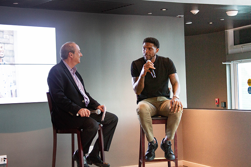 SFBW Chairman and CEO Gary Press interviews entrepreneur and Heat player Udonis Haslem at 601 Miami at the AmericanAirlines Arena. (Photo by Evelyn Suarez)