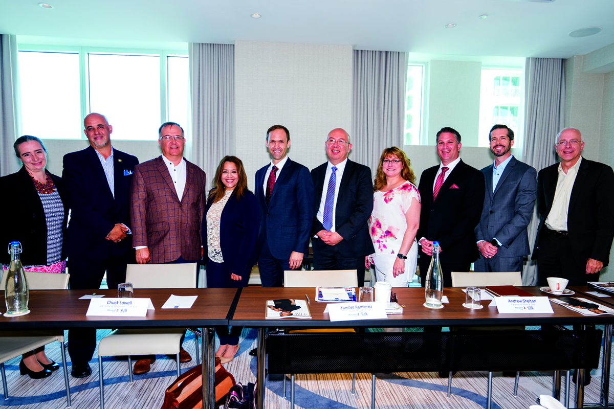 The panelists, sponsor representatives and SFMA partner, from left to right: Sharon McCall, Craig Tanner, Chuck Lowell, Yamilet Ramirez, Andrew Shelton, Fernando Mesia (sponsor), Betsy McGee, Matthew Rocco (South Florida Manufacturers Association), Jean-Charles Mas and Jay Hess.
