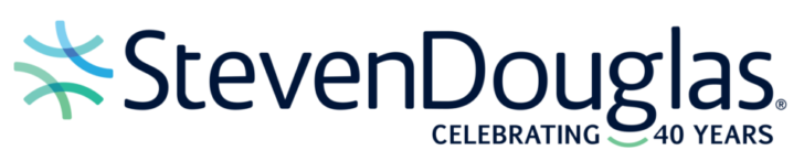 StevenDouglas logo with abstract blue and green swoosh designs on the left and the words "Celebrating 40 Years" to the right of the company name. South Florida Business & Wealth