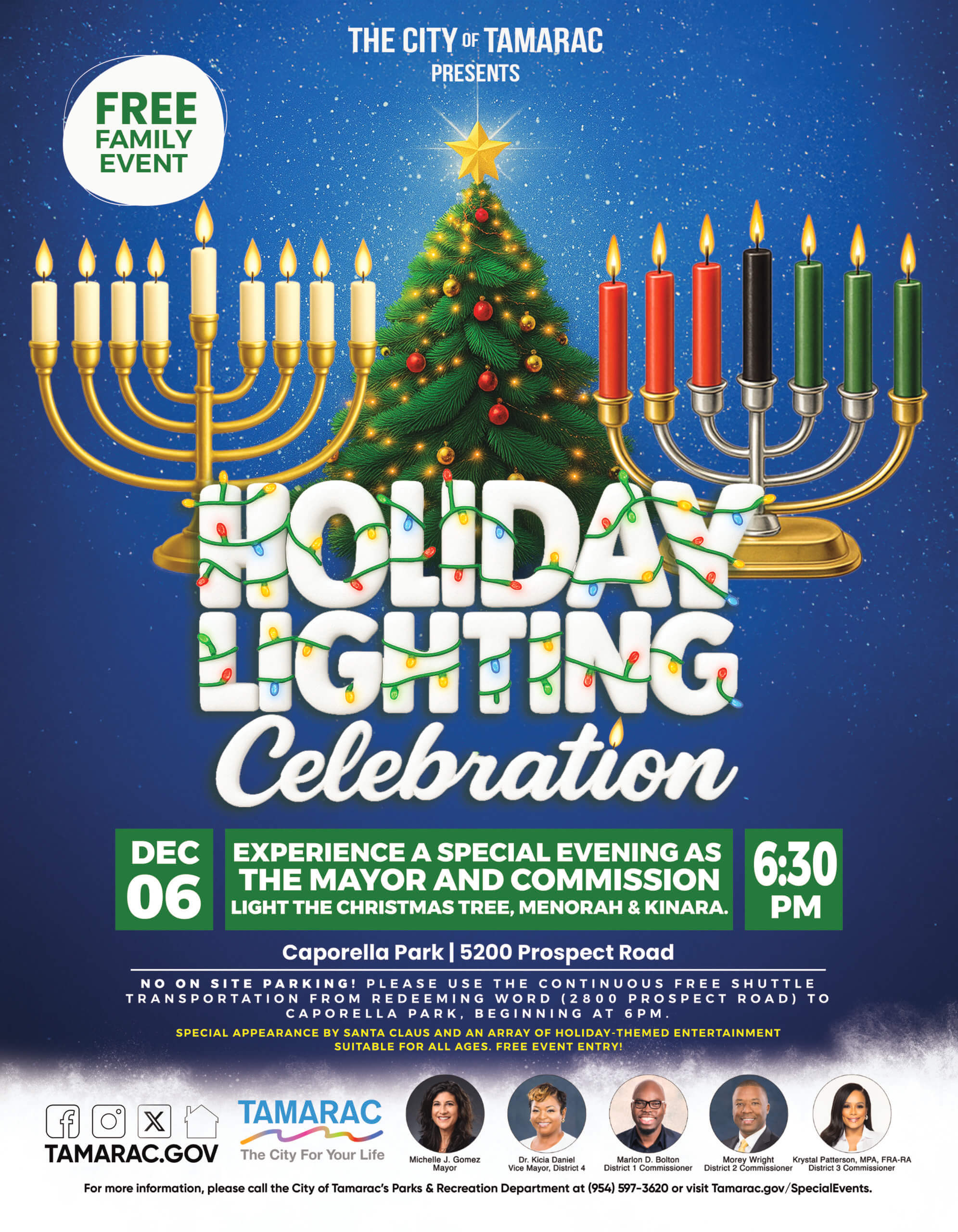 Colorful flyer for Tamarac’s Holiday Lighting Celebration. It features Christmas, Hanukkah, and Kinara candles, a decorated tree, and event info: Dec. 6, 6:30pm, Caporella Park. Free family event, shuttles available. South Florida Business & Wealth