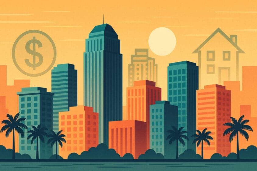 A stylized cityscape with tall buildings, palm trees, and a sunset sky. Large icons of a dollar sign and a house are overlaid, suggesting themes of real estate and finance. South Florida Business & Wealth