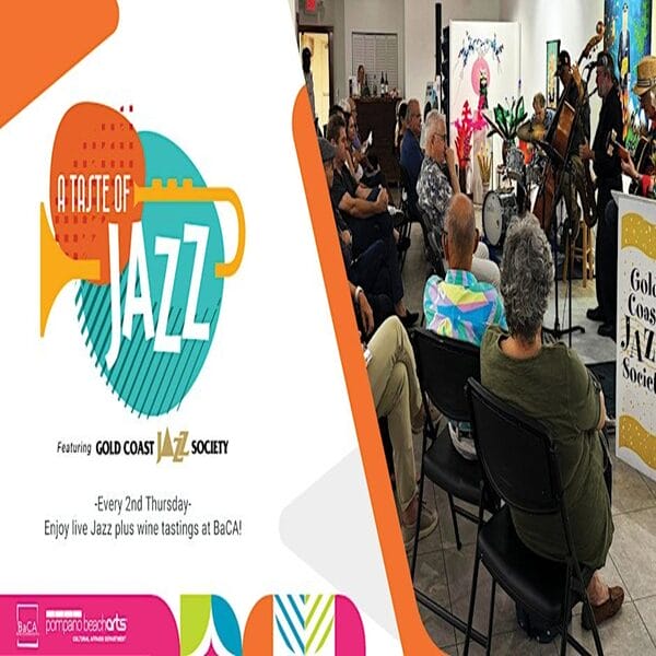 A promotional image for "A Taste of Jazz" shows an audience seated indoors, watching live jazz musicians perform. Event details and colorful graphics are displayed on the left side of the image. South Florida Business & Wealth
