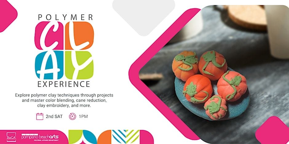 A colorful flyer for a “Polymer Clay Experience,” featuring brightly decorated mini pumpkins made from clay on a blue plate, event details, and playful, bold text with abstract clay shapes in the background. South Florida Business & Wealth