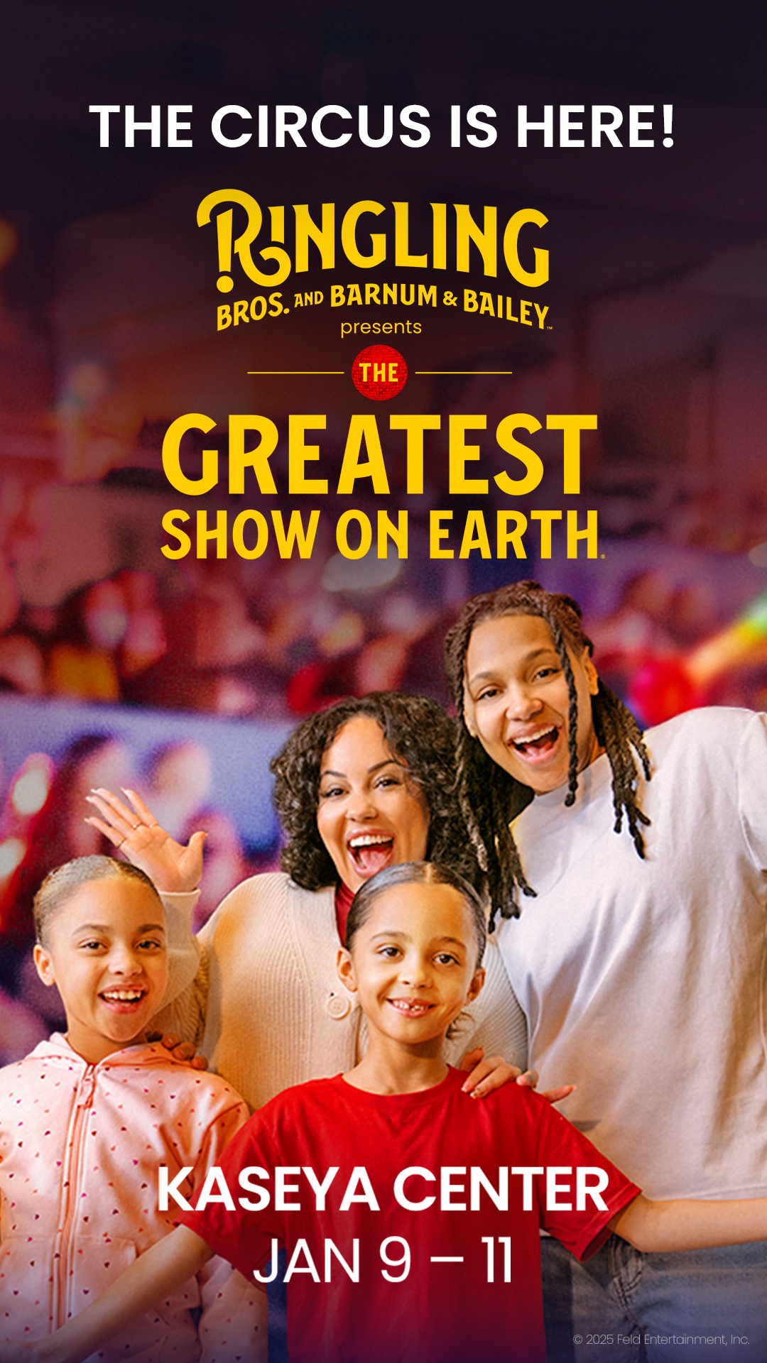 A smiling woman and three children pose together under a sign that reads, "Ringling Bros. and Barnum & Bailey presents The Greatest Show on Earth." Text below says "Kaseya Center Jan 9 – 11. South Florida Business & Wealth
