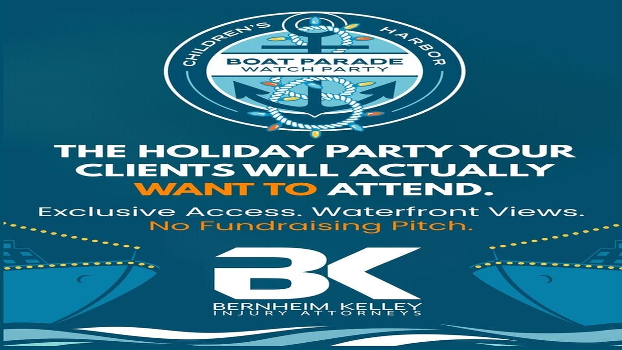Promotional flyer for a boat parade watch party by Bernheim Kelley Injury Attorneys, featuring anchor graphics, boats, and text highlighting exclusive access, waterfront views, and no fundraising pitch. South Florida Business & Wealth