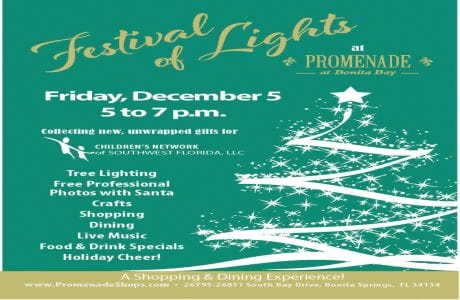 Green flyer for "Festival of Lights at Promenade at Bonita Bay" on Friday, December 5 from 5–7 p.m. Features a white Christmas tree graphic, event details, and a toy drive for Children’s Network of Southwest Florida. South Florida Business & Wealth