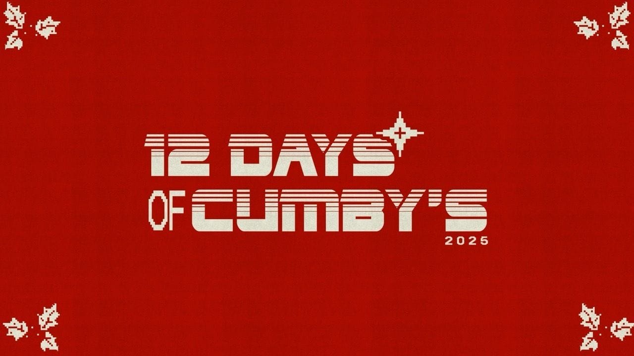 White text on a red background reads "12 Days of Cumby's 2025" in a bold, festive font. Decorative white holly leaves are in the corners, giving the image a holiday theme. South Florida Business & Wealth