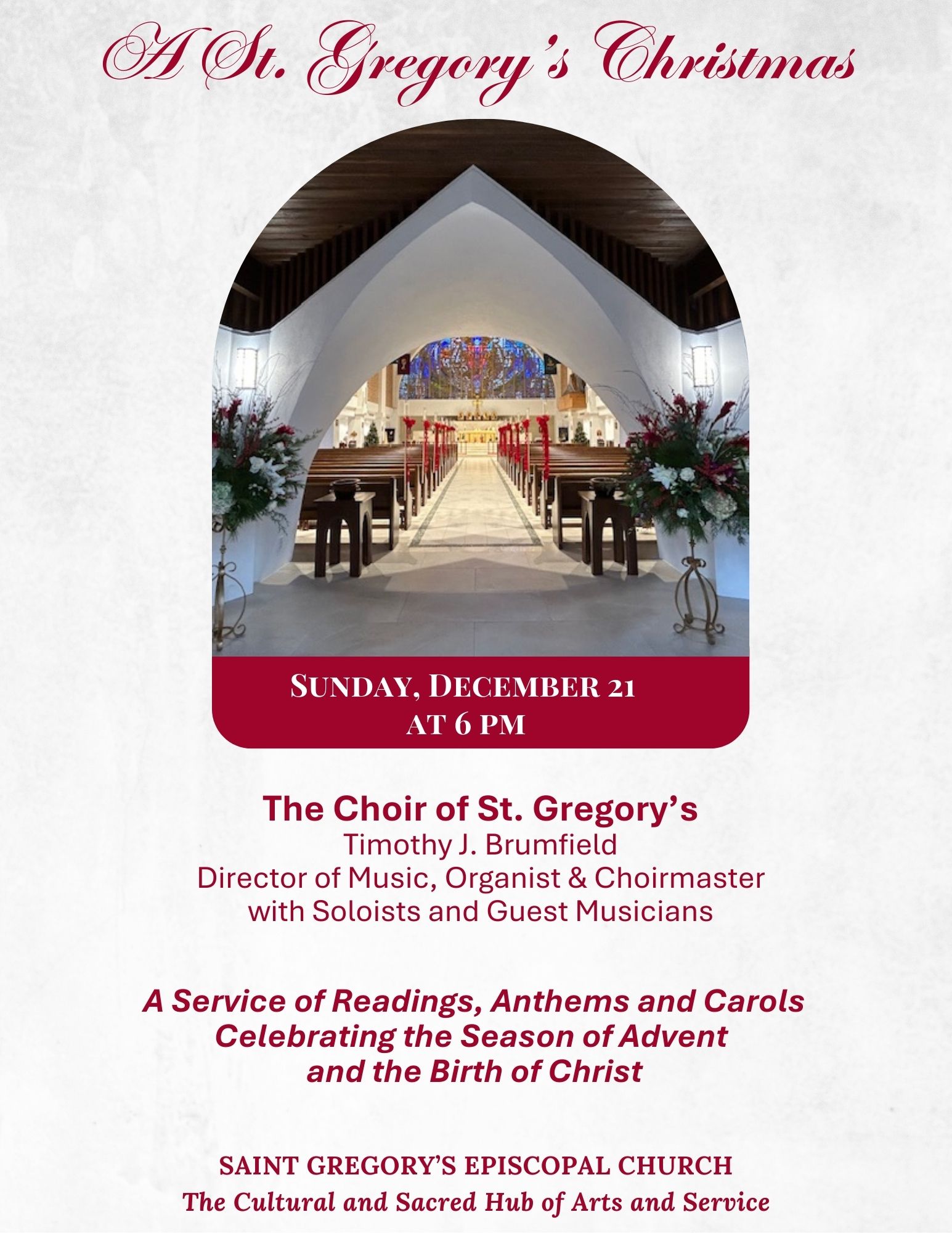 Poster for “A St. Gregory’s Christmas” featuring a church interior with a choir and Christmas decorations. Event date: Sunday, December 21, 6 PM. Details about choir, music director, and church location included. South Florida Business & Wealth