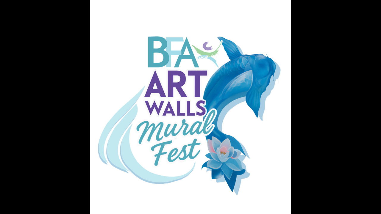 Logo for "BEA Art Walls Mural Fest" featuring a blue whale, a leaping figure, a crescent moon, and a blue lotus flower with stylized water splashes in light blue and purple tones. South Florida Business & Wealth