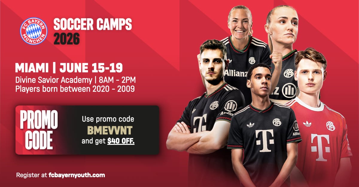 Promotional image for FC Bayern Munich Soccer Camps 2026 in Miami, showing male and female players in team uniforms. Details include dates, location, promo code BMEVWNT for $40 off, and the registration website. South Florida Business & Wealth