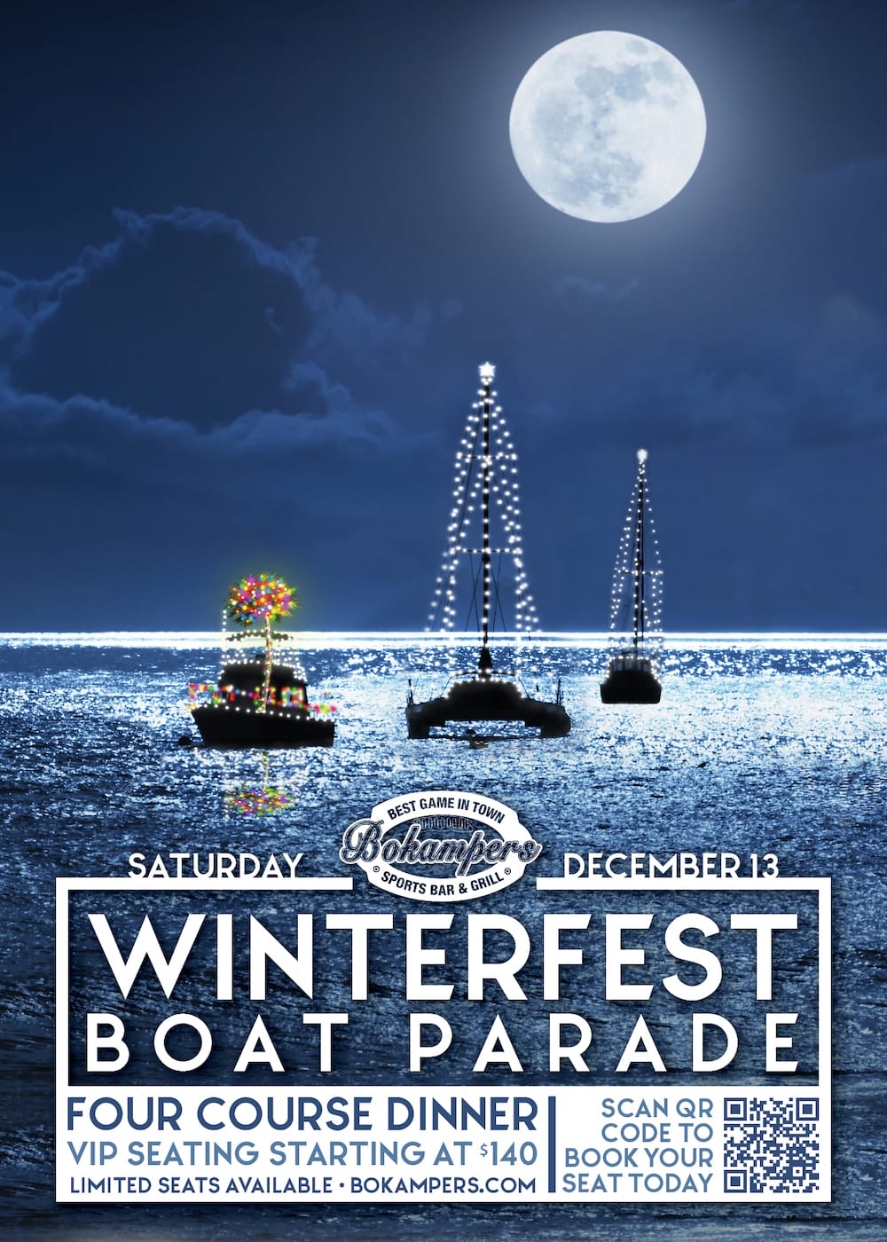 Three boats decorated with holiday lights sail on a moonlit ocean for the Winterfest Boat Parade. Event details, a four-course dinner, and a QR code for booking are shown at the bottom of the image. South Florida Business & Wealth