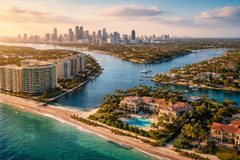 Aerial view of a coastal city with high-rise buildings, lush islands, luxury waterfront homes, and yachts in the water, with a sandy beach and turquoise ocean in the foreground during sunset. South Florida Business & Wealth
