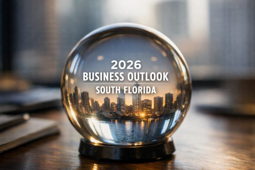 A glass crystal ball on a table reflects a city skyline, with the text "2026 Business Outlook South Florida" displayed across the ball. The background is softly blurred. South Florida Business & Wealth
