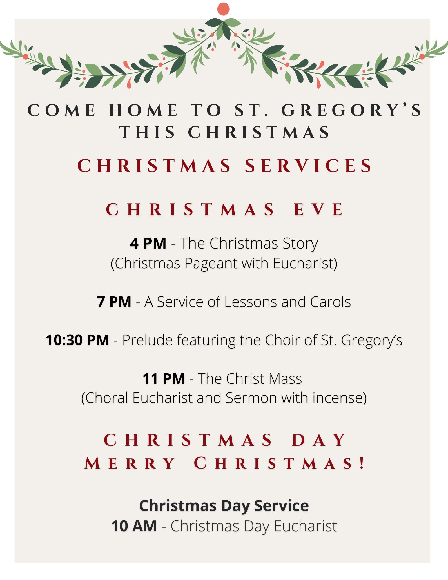 A holiday-themed flyer for St. Gregory’s Christmas services, listing Christmas Eve events at 4 PM, 7 PM, 10:30 PM, and 11 PM, and a Christmas Day service at 10 AM, with festive greenery at the top. South Florida Business & Wealth