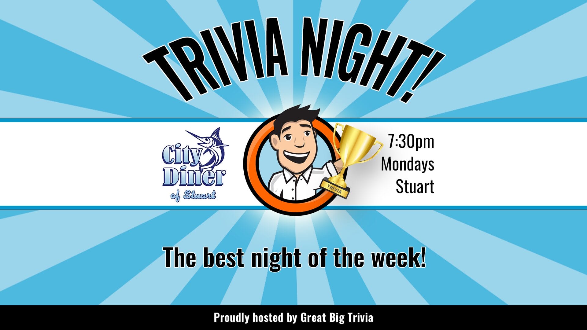 A bright blue graphic reads "TRIVIA NIGHT!" with a cartoon person holding a trophy, and details: "City Diner of Stuart, 7:30pm Mondays Stuart." Text at bottom says, "The best night of the week! Hosted by Great Big Trivia. South Florida Business & Wealth