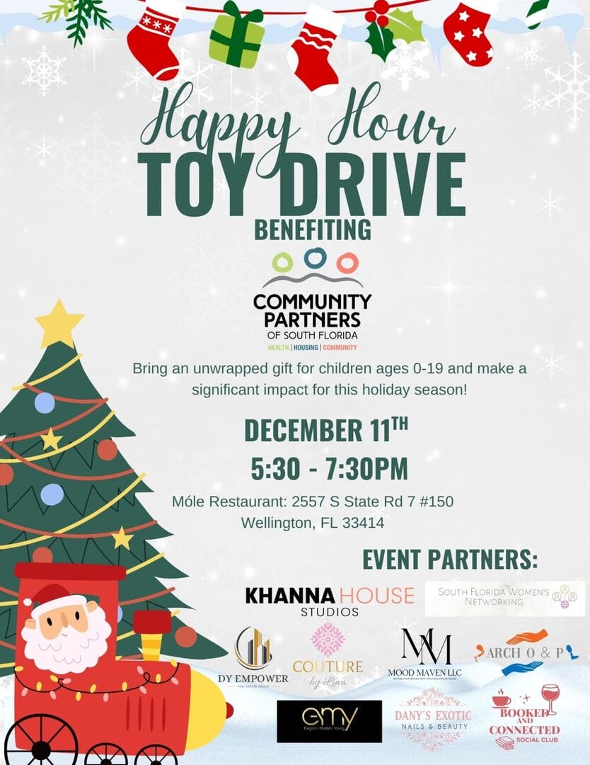 Festive flyer with cartoon Santa, tree, and gifts, promoting a Happy Hour Toy Drive benefiting Community Partners of South Florida, on December 11th, 5:30–7:30pm at Mole Restaurant, with multiple event partners listed. South Florida Business & Wealth