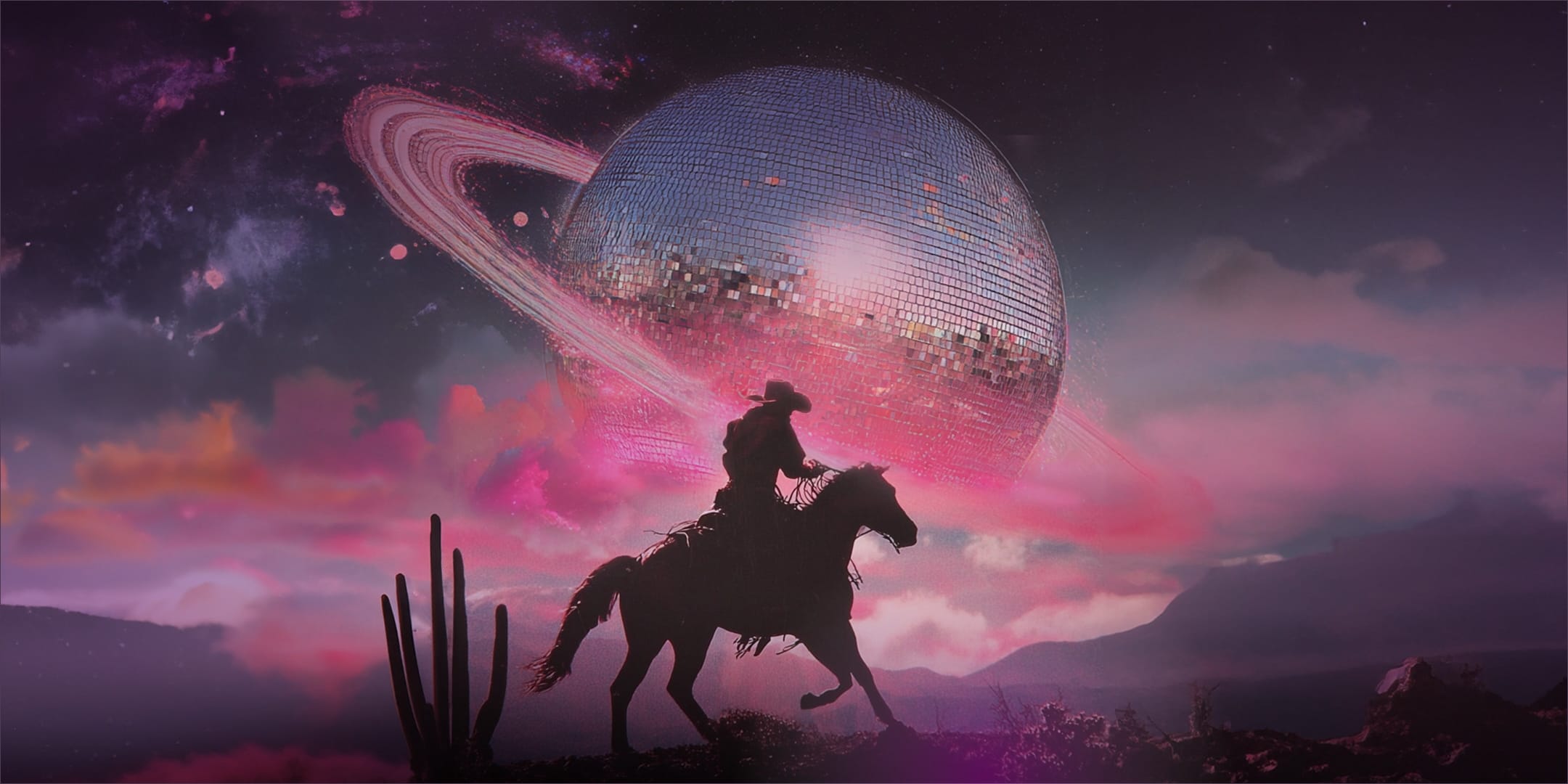 A silhouette of a cowboy riding a horse in a desert landscape with cacti, beneath a giant disco ball planet with Saturn-like rings, surrounded by pink clouds and a starry sky. South Florida Business & Wealth