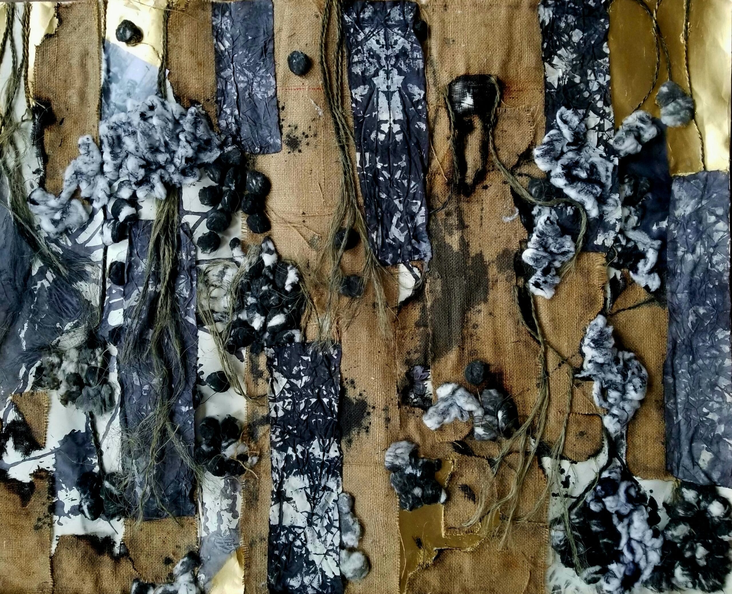 Abstract mixed media artwork features vertical strips of textured fabric, black and white marbled elements, knotted string, and clusters of dark and fluffy materials on a brown background. South Florida Business & Wealth