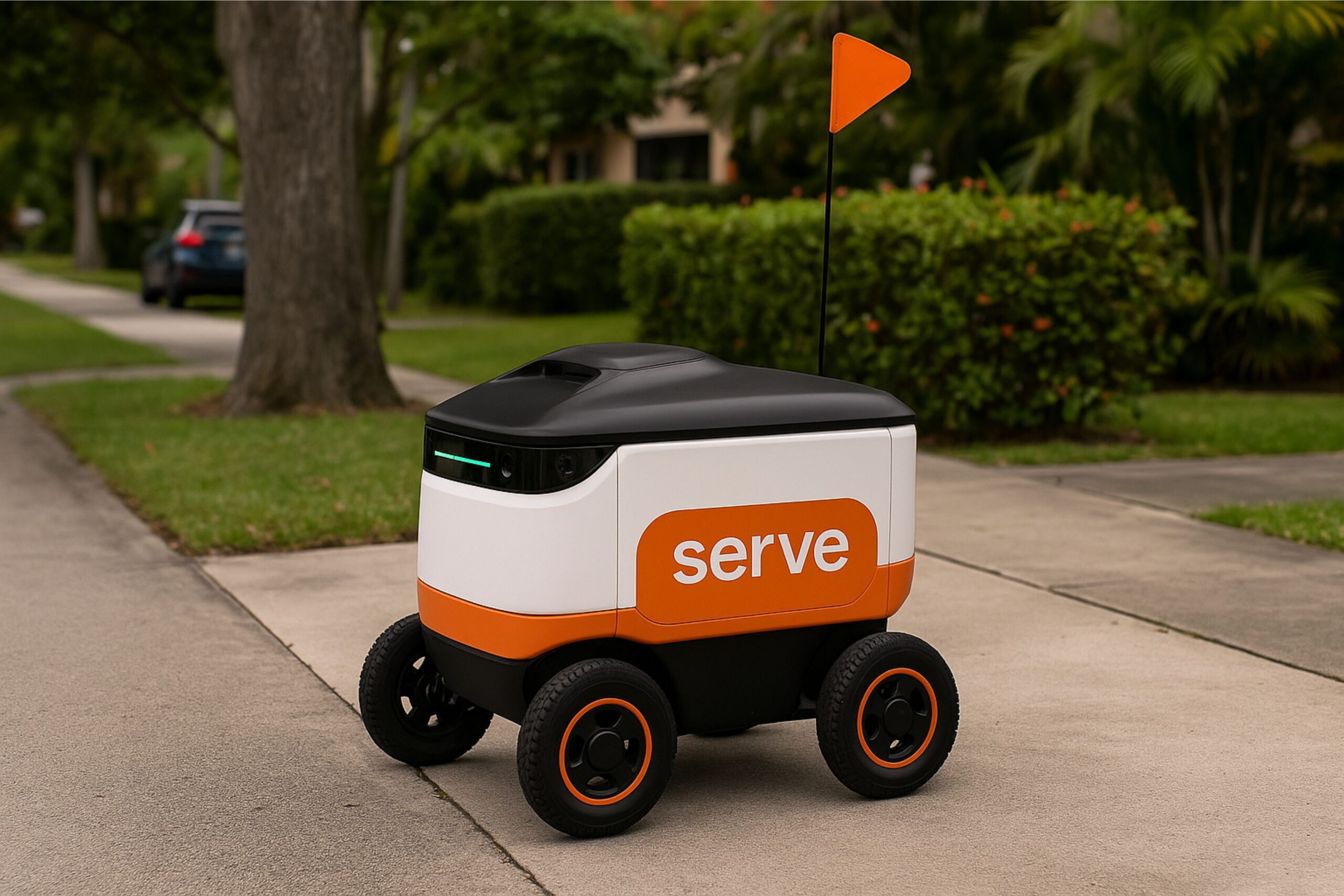 A small, four-wheeled delivery robot with "serve" written on its side and an orange flag drives on a sidewalk in a suburban neighborhood with trees and greenery. South Florida Business & Wealth