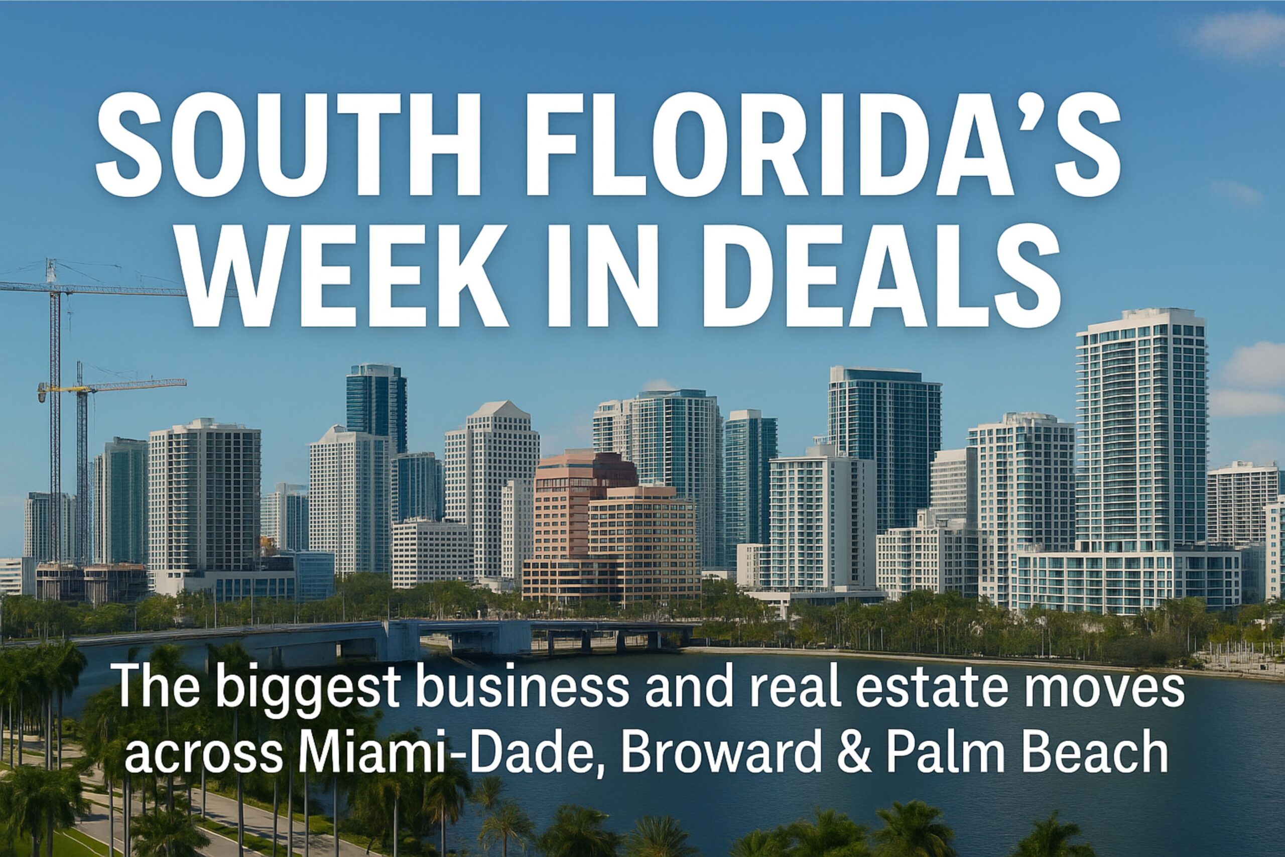 A city skyline with high-rise buildings and palm trees, overlaid with the text: "South Florida's Week in Deals. The biggest business and real estate moves across Miami-Dade, Broward & Palm Beach. South Florida Business & Wealth