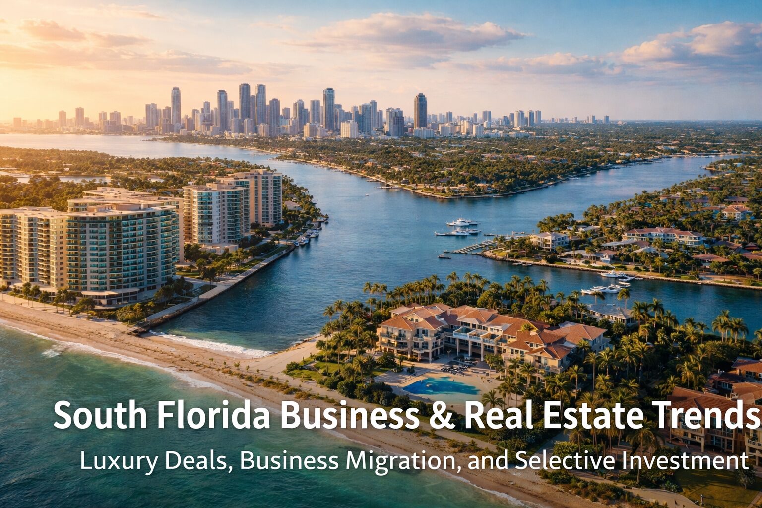 Aerial view of luxury waterfront condos and homes in South Florida at sunset, with boats on the water and a city skyline in the background. Text overlay reads: "South Florida Business & Real Estate Trends. South Florida Business & Wealth