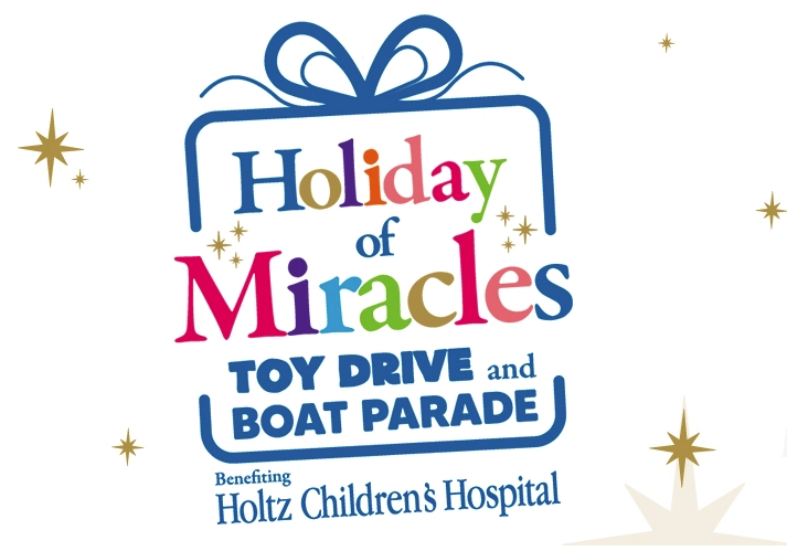 Logo for “Holiday of Miracles Toy Drive and Boat Parade,” benefiting Holtz Children’s Hospital. The text is colorful, framed in a blue gift box outline, with gold stars scattered around. South Florida Business & Wealth