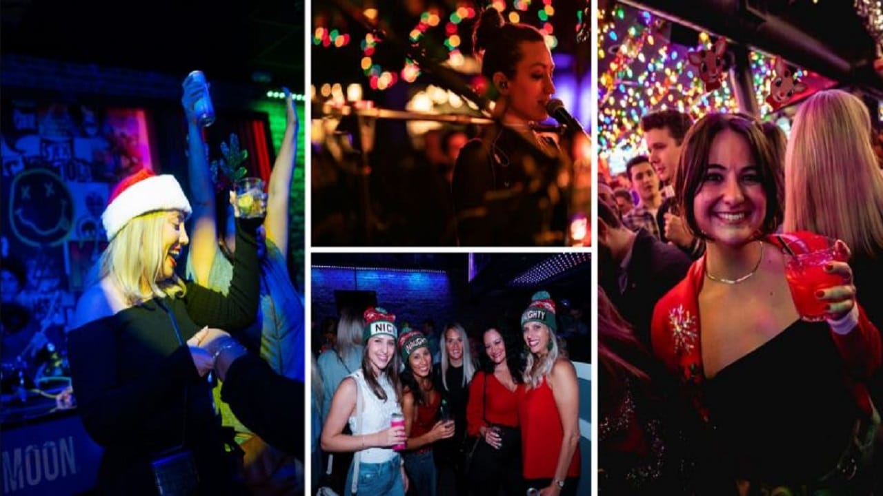 A collage shows people celebrating at a festive holiday party: dancing, singing on stage, posing for group photos, and holding drinks, with colorful lights and decorations in the background. South Florida Business & Wealth