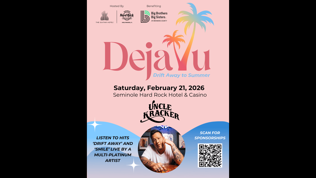 Event flyer for "DejaVu: Drift Away to Summer" on February 21, 2026, at Seminole Hard Rock Hotel & Casino, featuring Uncle Kracker. Image includes logos, palm trees, and a sponsorship QR code. South Florida Business & Wealth