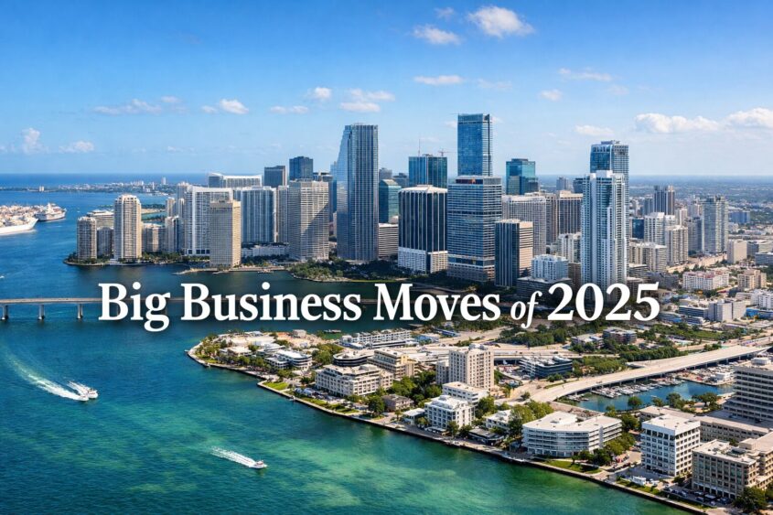 Aerial view of downtown Miami with high-rise buildings, boats on the water, and the text "Big Business Moves of 2025" overlaid on the image. South Florida Business & Wealth