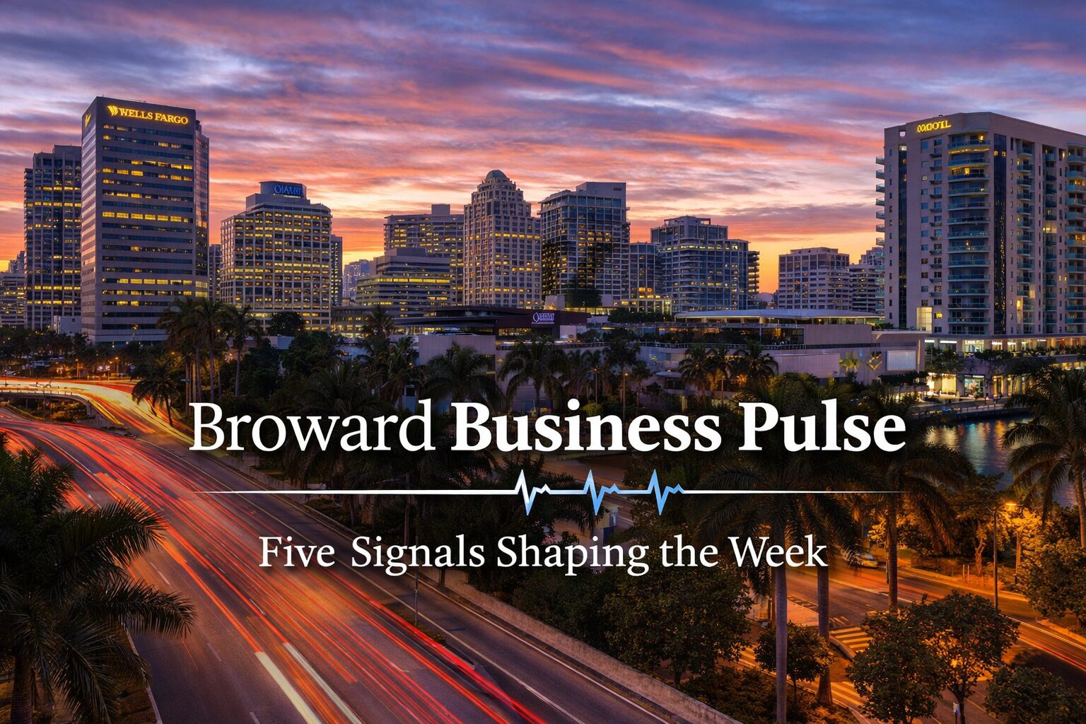 Downtown cityscape of Broward at sunset with high-rise buildings, palm trees, and blurred car lights. Text overlay reads: "Broward Business Pulse: Five Signals Shaping the Week. South Florida Business & Wealth