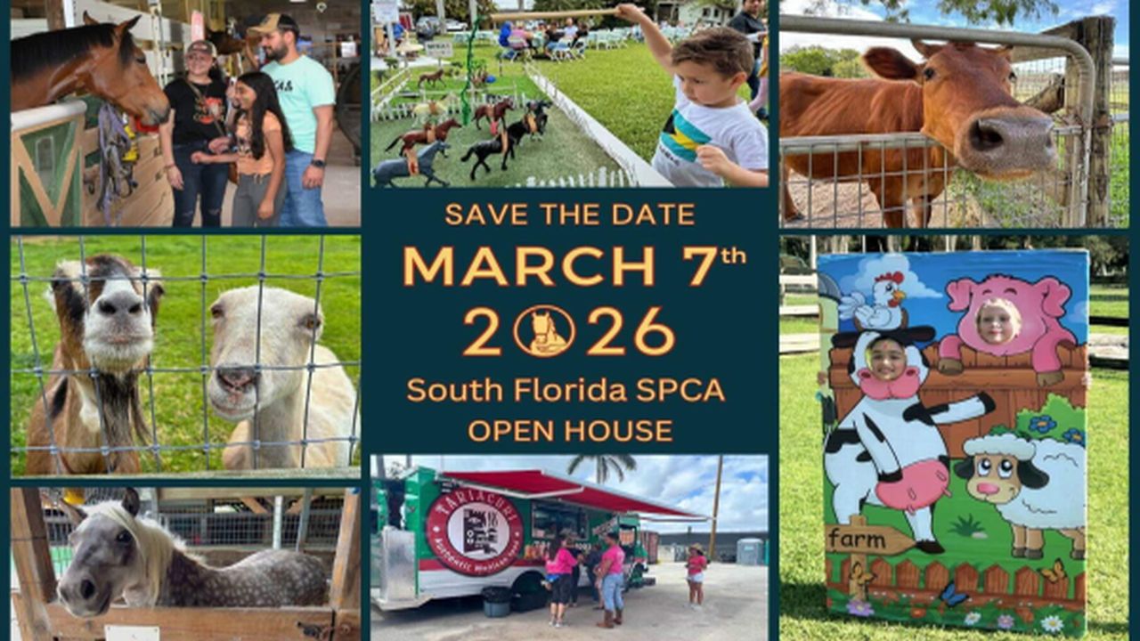 A colorful collage promotes the South Florida SPCA Open House on March 7, 2026, featuring people and children interacting with horses, cows, goats, and pony, plus a farm-themed photo board. South Florida Business & Wealth