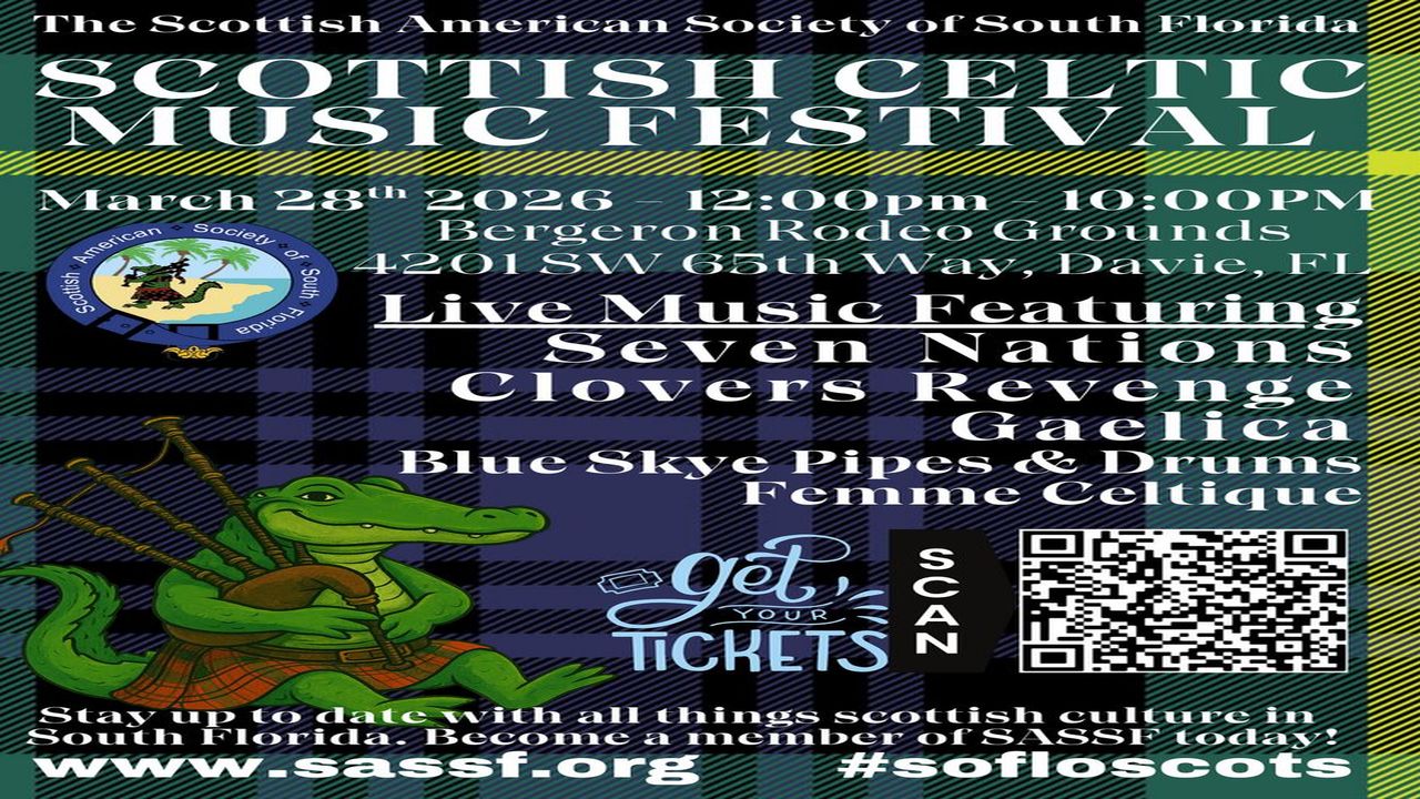 Festival poster with a cartoon alligator in a kilt playing bagpipes. Text promotes the Scottish Celtic Music Festival on March 28, 2026 in Davie, FL, with band names, a QR code for tickets, and event website details. South Florida Business & Wealth