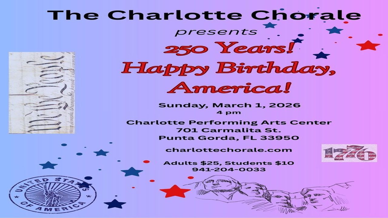 Flyer for The Charlotte Chorale’s patriotic event, “250 Years! Happy Birthday, America!” on March 1, 2026, at 4 PM in Punta Gorda, FL, with red, white, and blue stars, icons, and event details. South Florida Business & Wealth