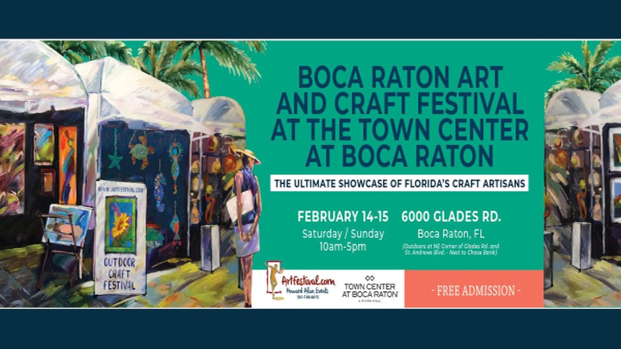 Colorful illustration of an outdoor art and craft festival with vendor tents and vibrant paintings. Event details for the Boca Raton Art and Craft Festival, held Feb 14-15, 10am-5pm at 6000 Glades Rd, Boca Raton, FL. Free admission. South Florida Business & Wealth