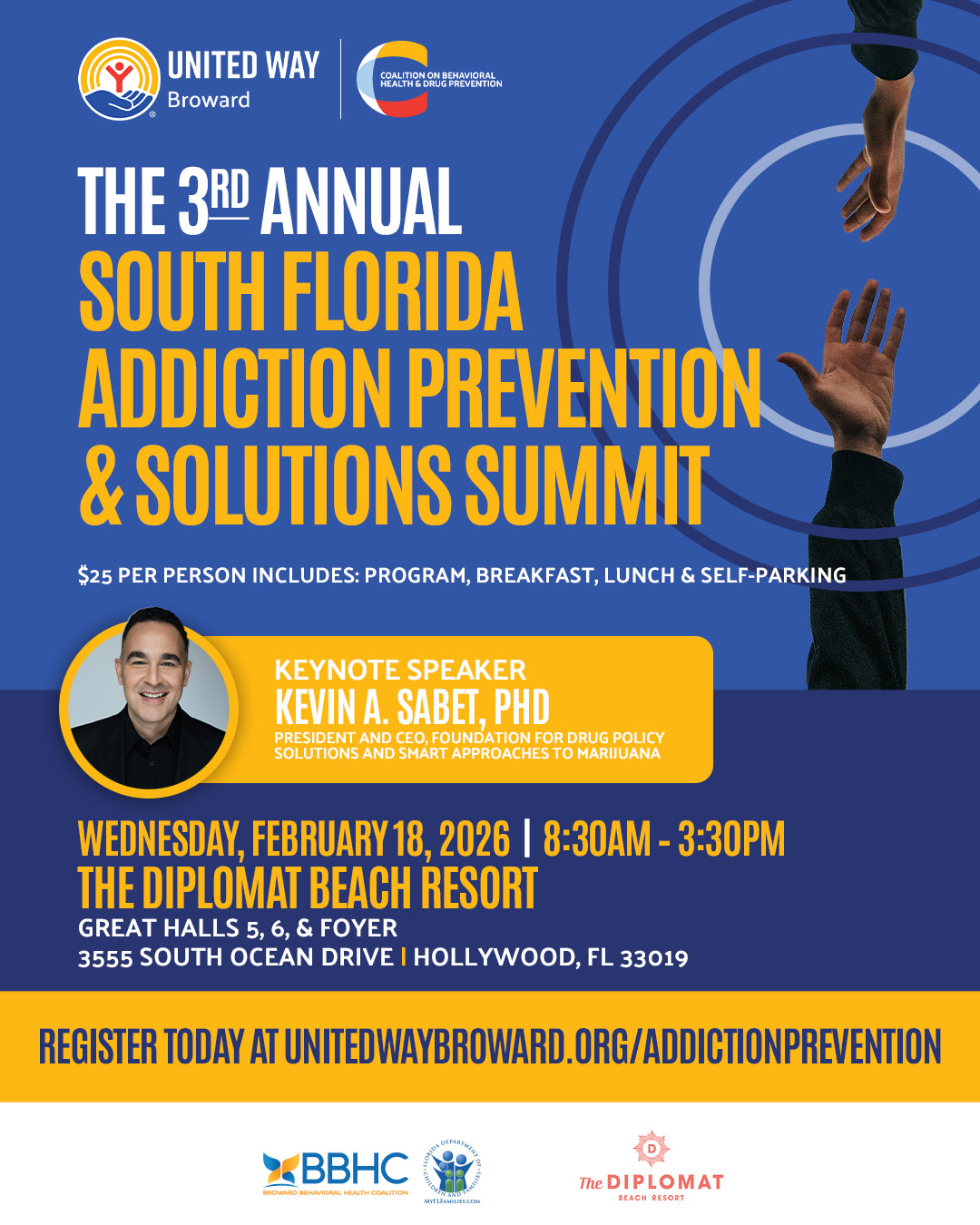 Event flyer for the 3rd Annual South Florida Addiction Prevention & Solutions Summit with keynote speaker Kevin A. Sabet, Ph.D. Details include date, time, location, registration info, logos, and a headshot of the speaker. South Florida Business & Wealth