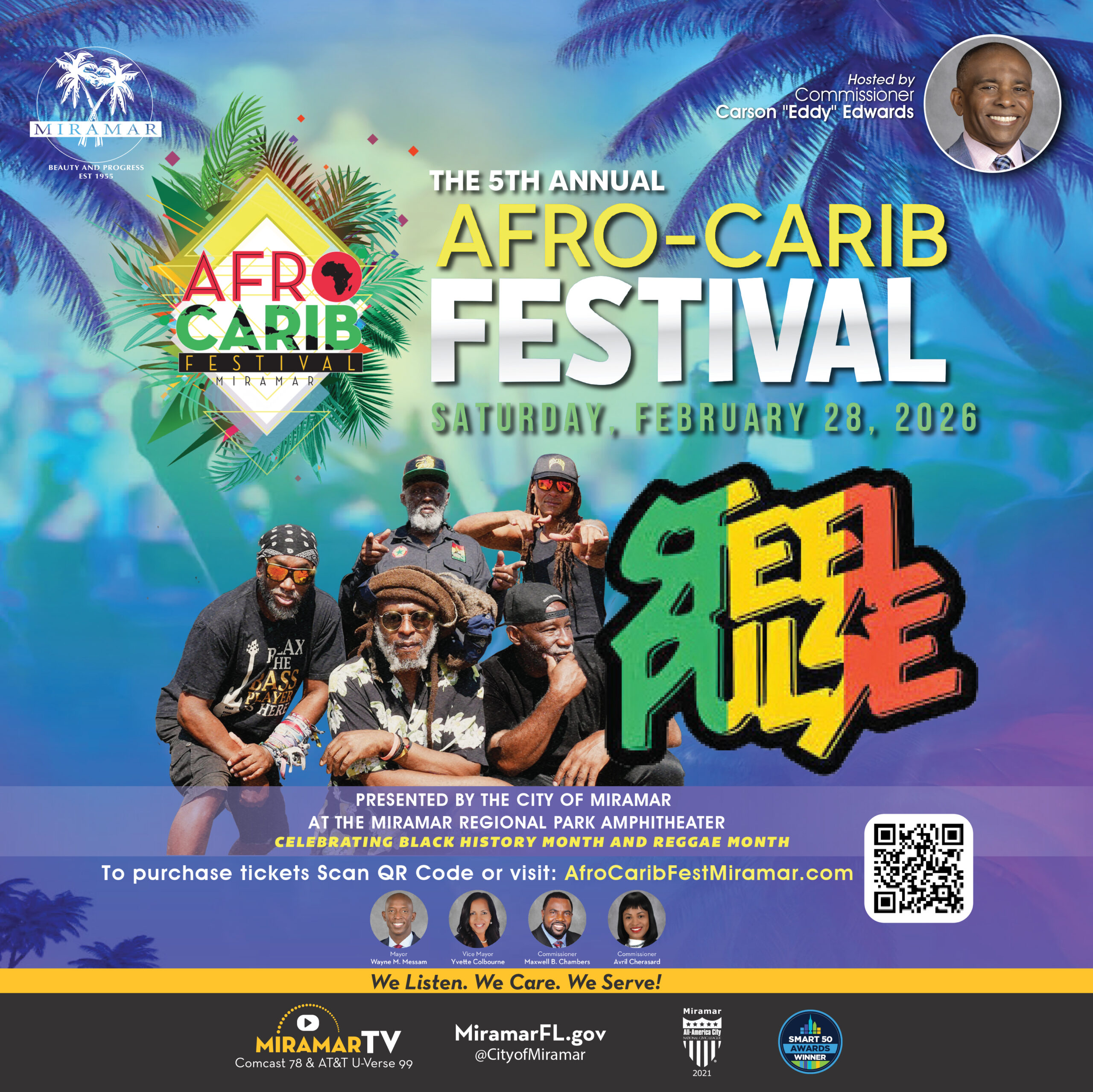 Promotional poster for the 5th Annual Afro-Carib Festival on February 28, 2026, in Miramar, featuring Steel Pulse and vibrant Afro-Caribbean graphics. Includes QR code for tickets and sponsor logos at the bottom. South Florida Business & Wealth