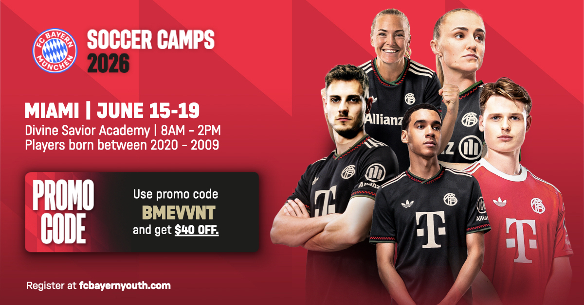 Five soccer players in black and red jerseys pose against a red background with text promoting FC Bayern Munich’s 2026 Soccer Camps in Miami, June 15–19, for players born 2000–2009. Promo code BMEVWNT offers $40 off. South Florida Business & Wealth