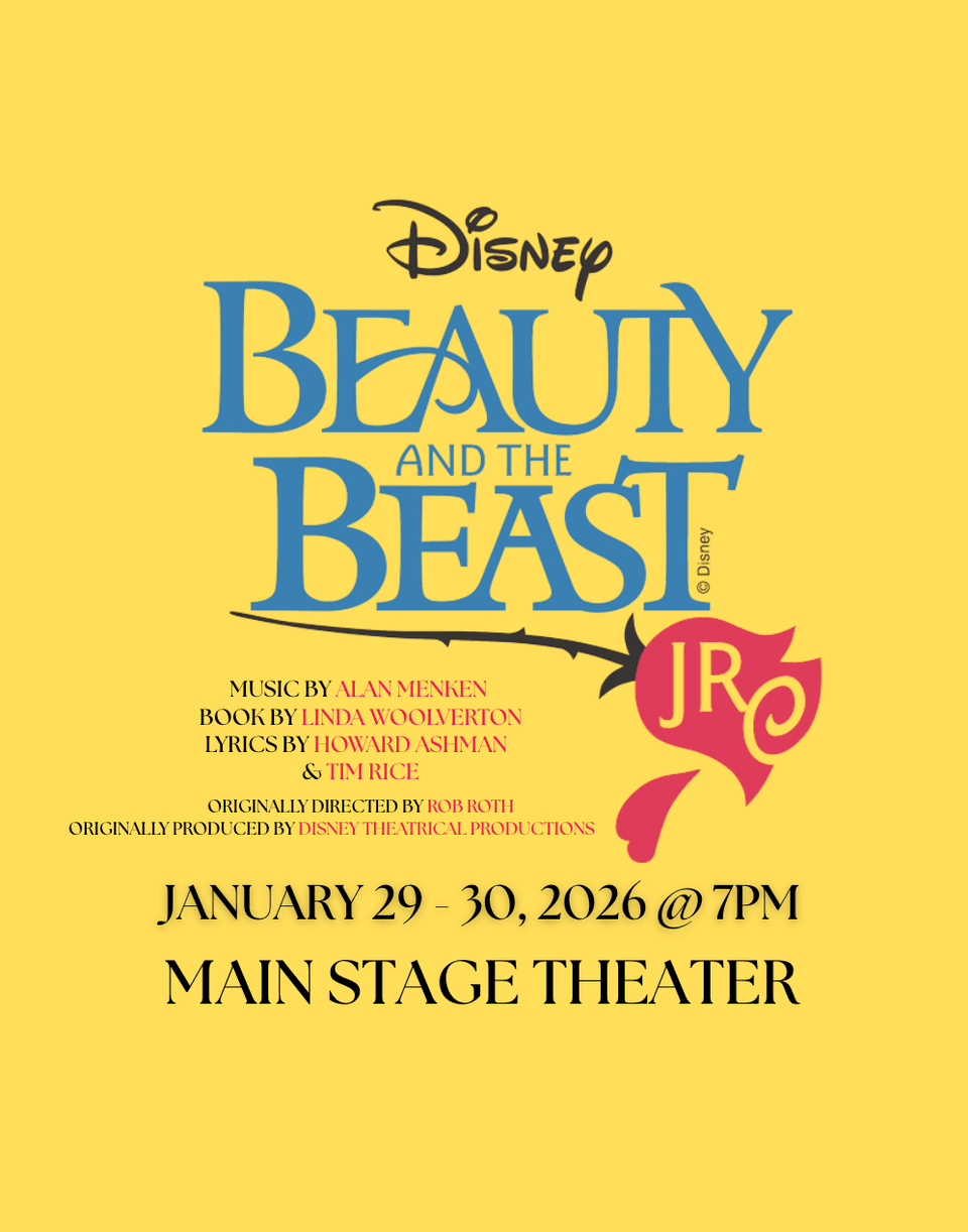 Yellow poster for Disney’s Beauty and the Beast Jr. musical, showing show dates January 29-30, 2026 at 7pm and location Main Stage Theater, with credits for music, book, and lyrics. South Florida Business & Wealth