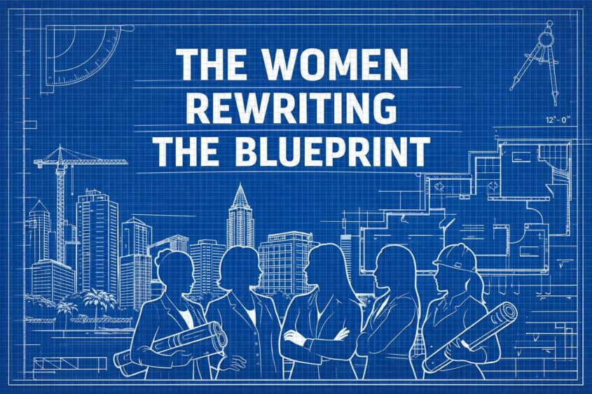 Blueprint-style illustration featuring silhouettes of five women holding blueprints, standing in front of a cityscape and architectural plans, with the text “The Women Rewriting The Blueprint” prominently displayed above. South Florida Business & Wealth
