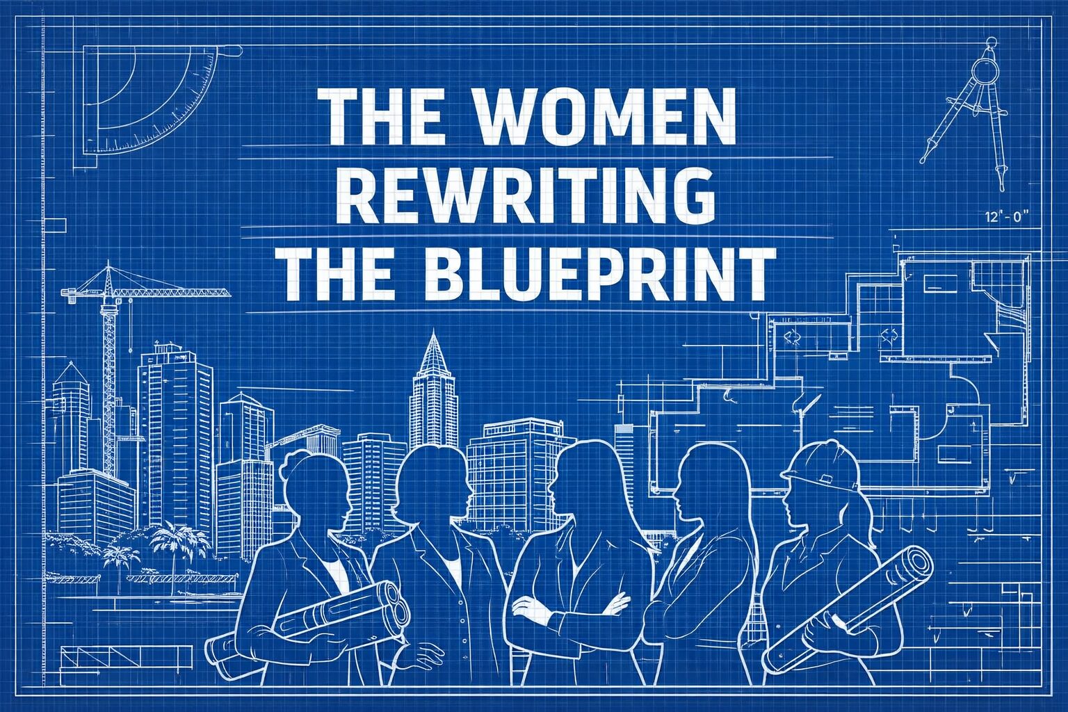 Blueprint-style illustration featuring silhouettes of five women holding blueprints, standing in front of a cityscape and architectural plans, with the text “The Women Rewriting The Blueprint” prominently displayed above. South Florida Business & Wealth