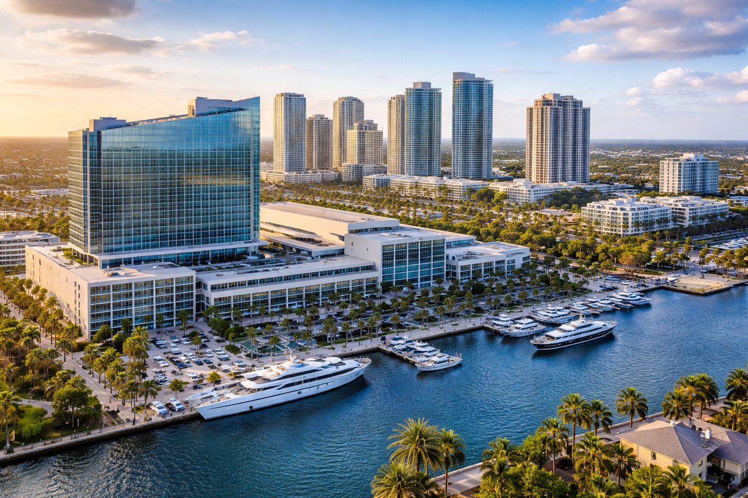 Aerial view of a waterfront cityscape with tall modern buildings, a large hotel or convention center, palm trees, and several yachts docked along a marina under a partly cloudy sky. South Florida Business & Wealth