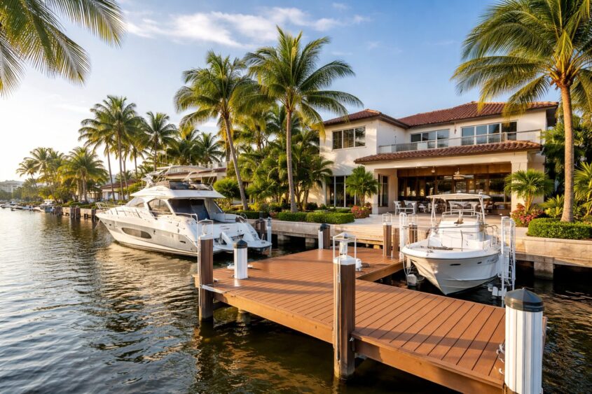 A luxurious waterfront home with palm trees, a large dock, and two white boats moored on a calm canal under a clear blue sky at sunset. South Florida Business & Wealth