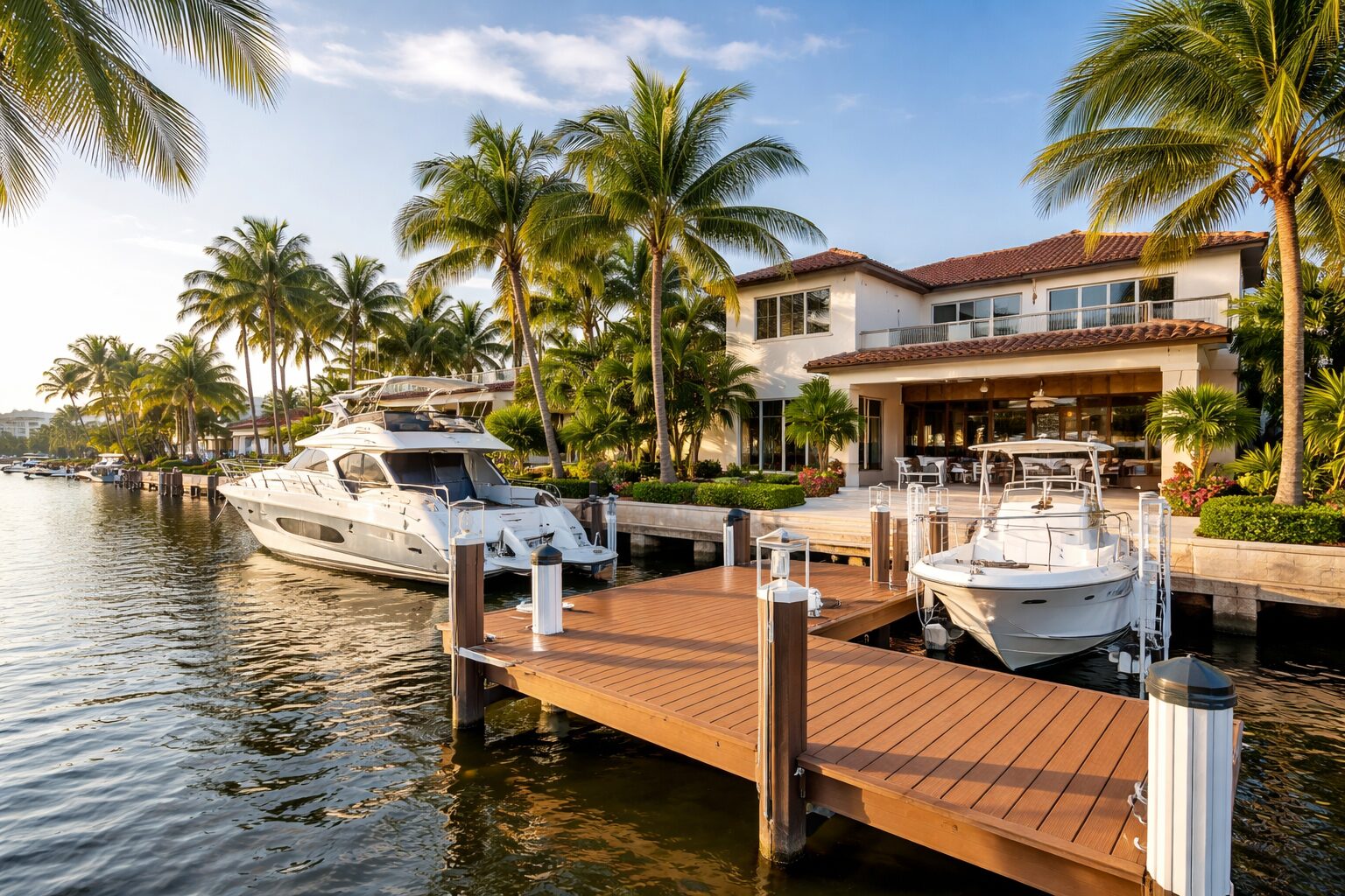 A luxurious waterfront home with palm trees, a large dock, and two white boats moored on a calm canal under a clear blue sky at sunset. South Florida Business & Wealth