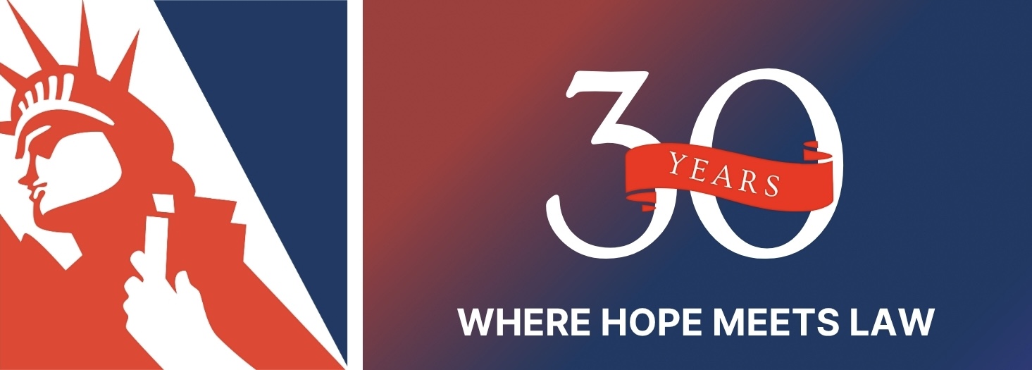 Stylized Statue of Liberty holding legal documents on the left; on the right, text reads "30 Years" on a red ribbon and "Where Hope Meets Law" on a red-to-blue gradient background. South Florida Business & Wealth