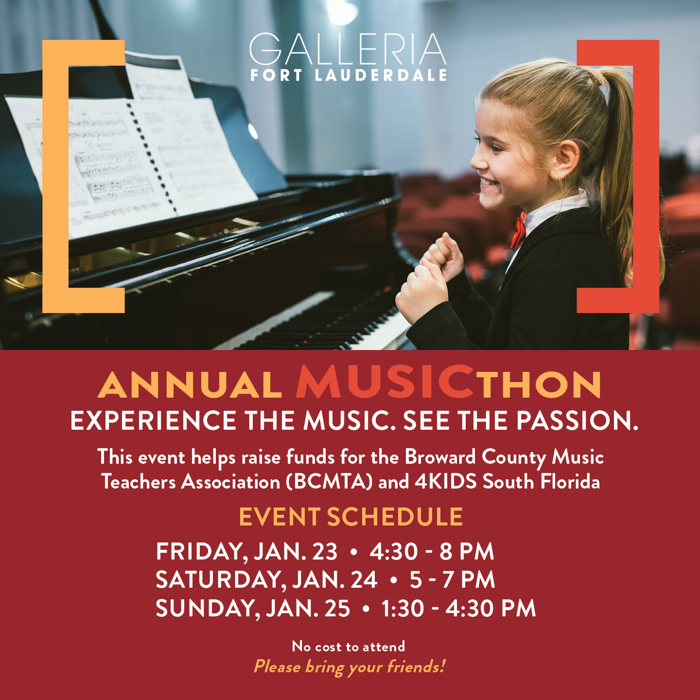 A smiling girl plays piano on stage. Text promotes Galleria Fort Lauderdale’s Annual Musicthon fundraiser, with dates and times listed for Jan. 23–25 and details about supporting local music education and 4KIDS South Florida. South Florida Business & Wealth