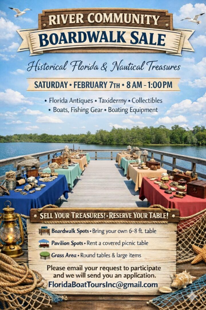 A flyer for a River Community Boardwalk Sale shows tables with antiques and nautical items by the water. Event details: February 7th, 8 AM–1 PM, selling spots info, and contact email at the bottom. South Florida Business & Wealth