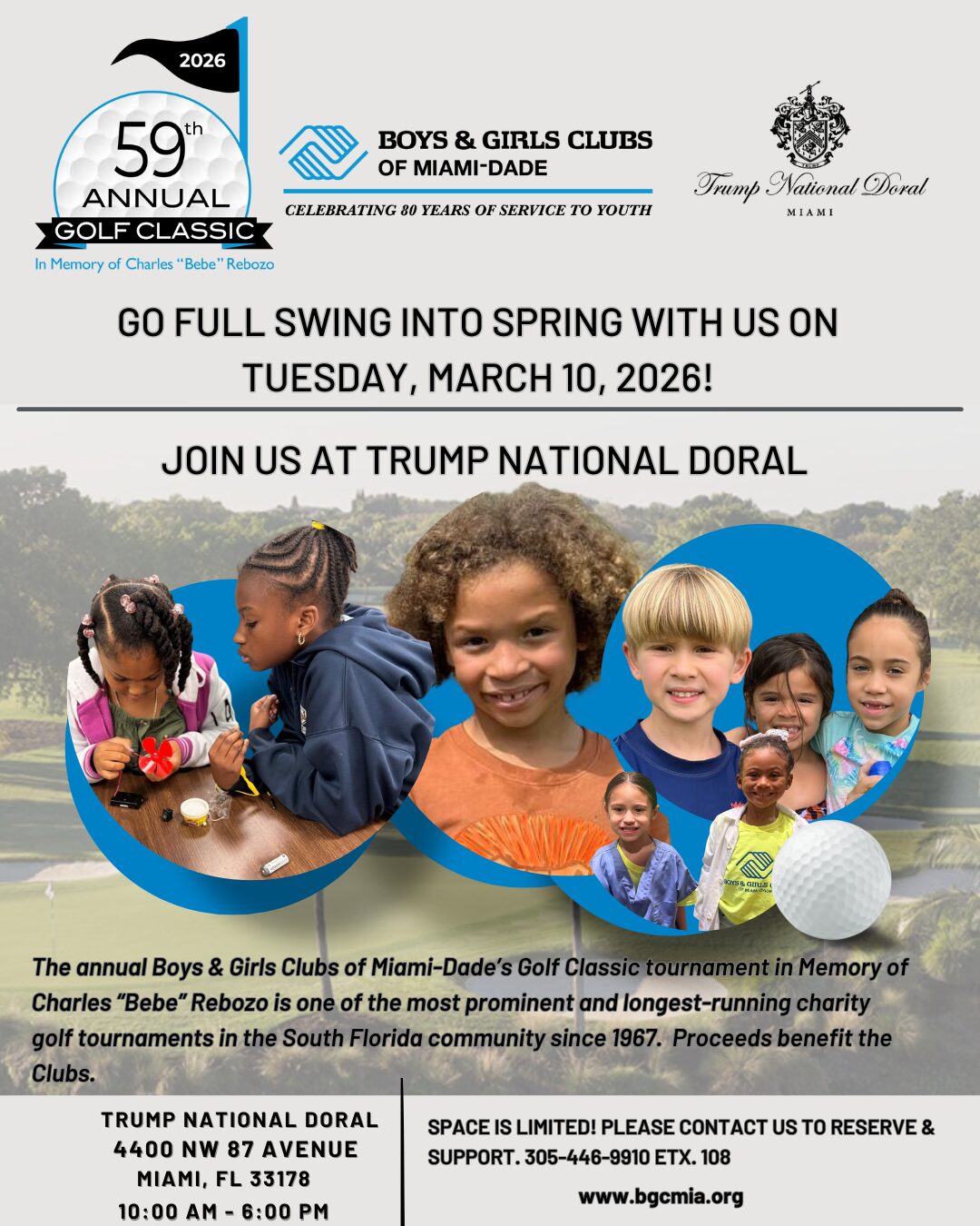 A flyer for the 59th Annual Golf Classic in memory of Charles “Bebe” Rebozo features children golfing and smiling, with event details for March 10, 2026, at Trump National Doral. Hosted by Boys & Girls Clubs of Miami-Dade. South Florida Business & Wealth