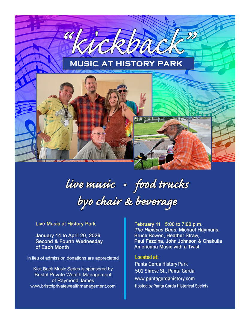 Event flyer for "Kickback: Music at History Park" showing four musicians posing, event details, and text about live music, food trucks, and bringing your own chair and beverage on a colorful musical note background. South Florida Business & Wealth