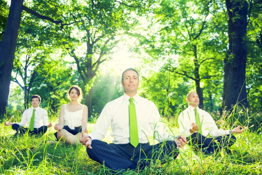 Four businesspeople in formal attire sit cross-legged on grass in a sunlit forest, meditating with eyes closed. Sunlight filters through green trees, creating a peaceful, natural atmosphere. South Florida Business & Wealth