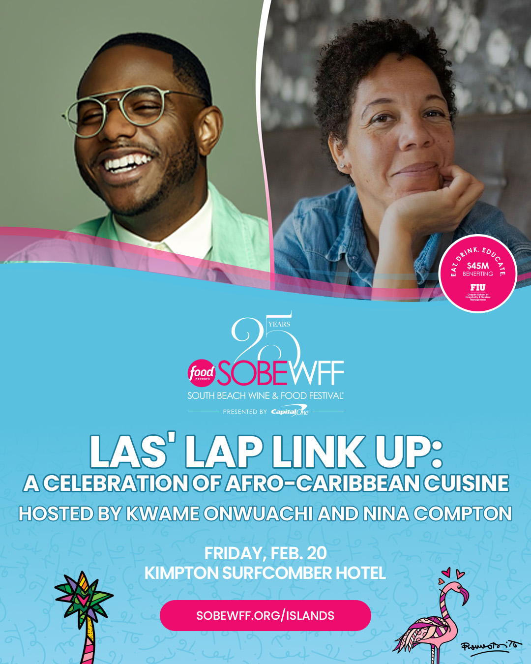 Promotional poster for "Las' Lap Link Up: A Celebration of Afro-Caribbean Cuisine," featuring photos of Kwame Onwuachi and Nina Compton. Event details: Feb. 20 at Kimpton Surfcomber Hotel, part of the South Beach Wine & Food Festival. South Florida Business & Wealth